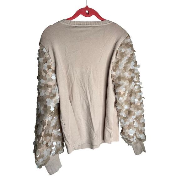 Sioni Milano Sweater Embellished Sequin Sleeve Crew Neck Beige Womens Large NWT - Picture 2 of 6